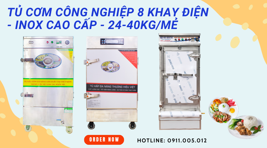 Tủ cơm công nghiệp 8 khay điện - Inox cao cấp - 24-40kg/mẻ